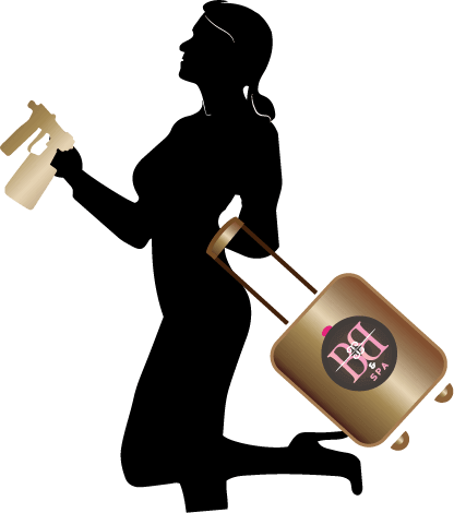 Silhouette of a woman holding a spray tan gun and carrying a suitcase with a logo that says "BD&SPA". The woman appears to be in motion, with one leg bent as if walking or running, perhaps on her way to offer top-notch airbrush spray tanning near me.