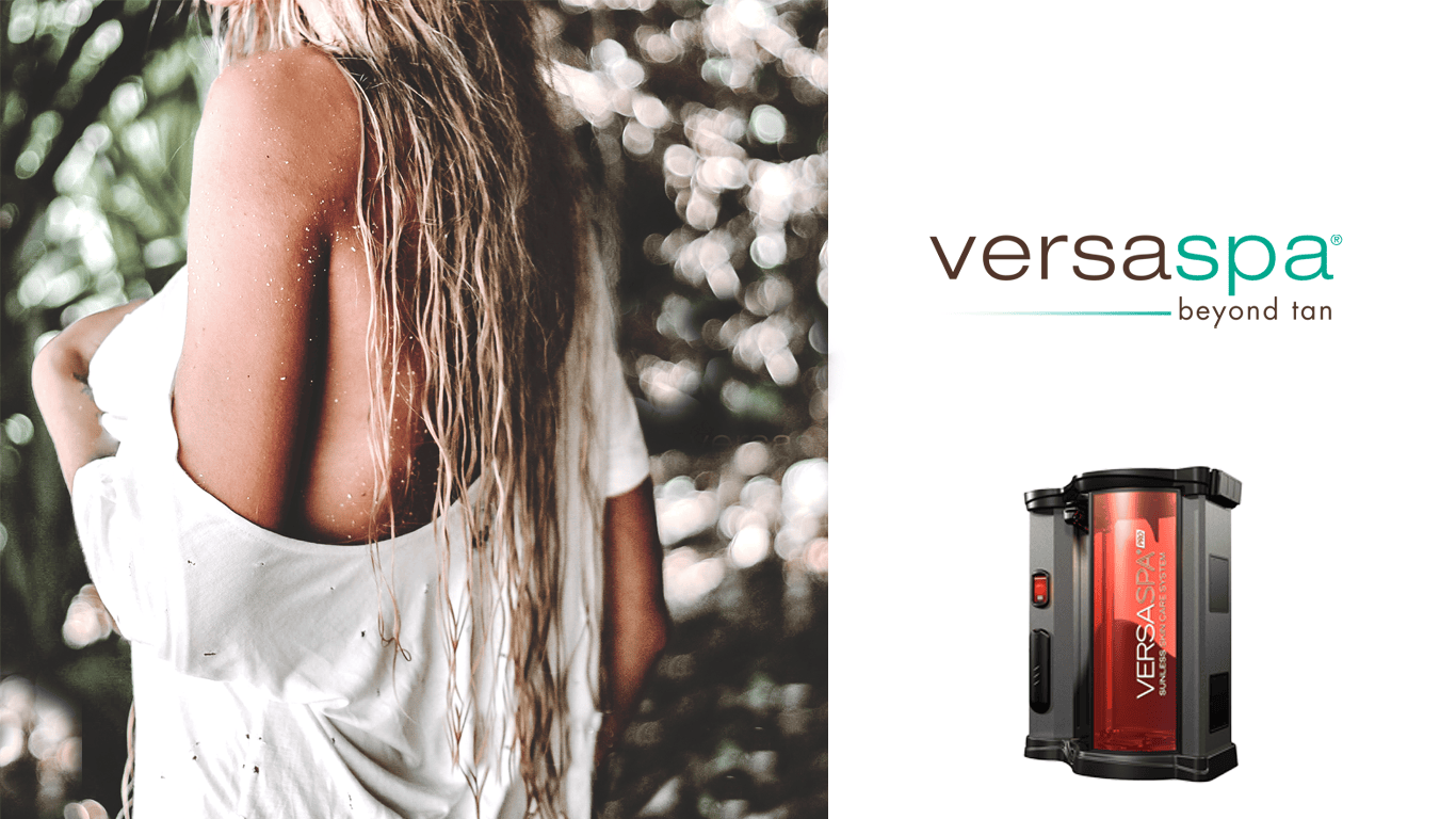 On the left side of the image, there is a tanning booth next to a salon chair, a mirror, and a sink. On the right side, there is a woman in a white bikini standing on a beach with the ocean in the background.