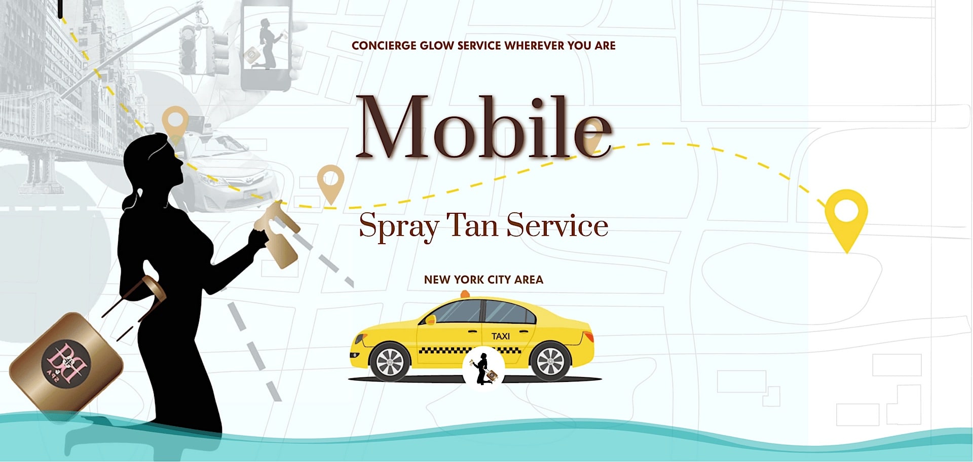 Silhouette of a woman holding a spray tan gun and carrying a suitcase with a logo that says "BD&SPA". The woman appears to be in motion, with one leg bent as if walking or running, perhaps on her way to offer top-notch airbrush spray tanning near me.